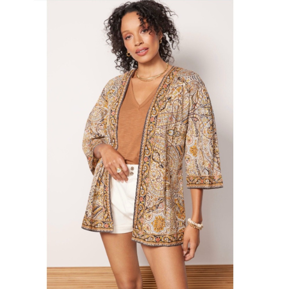Cleobella Kimono Kaleidoscope M/L Brown Boho Paisley Organic Cotton Open Top